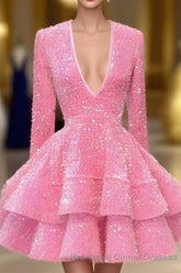 Pink Cocktail Dresses A-Line V-Neck Long Sleeve Shiny Sequin Homecoming Dresses